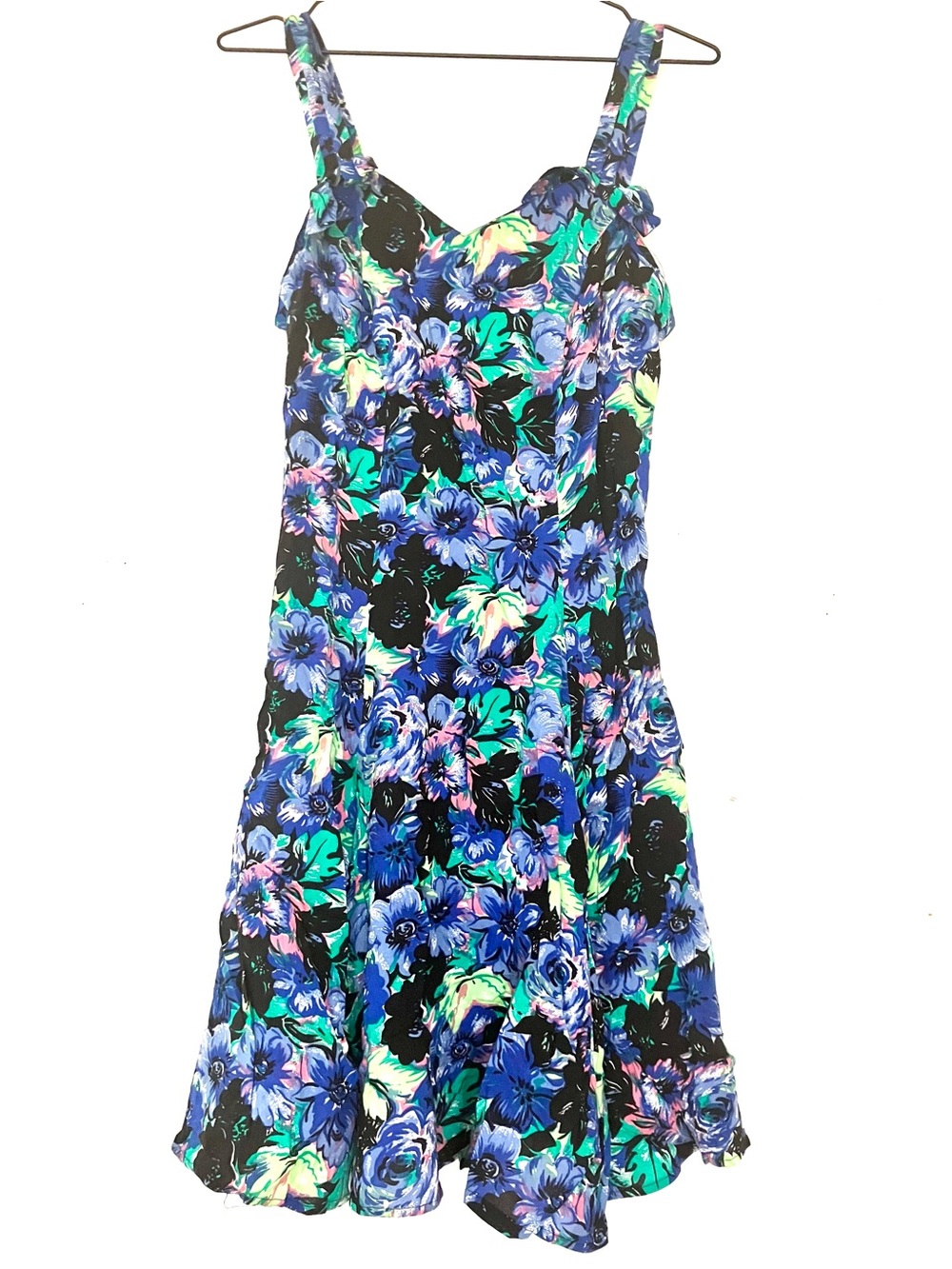 Per Se Floral A-Line Mini Dress in Blue, Green and Black